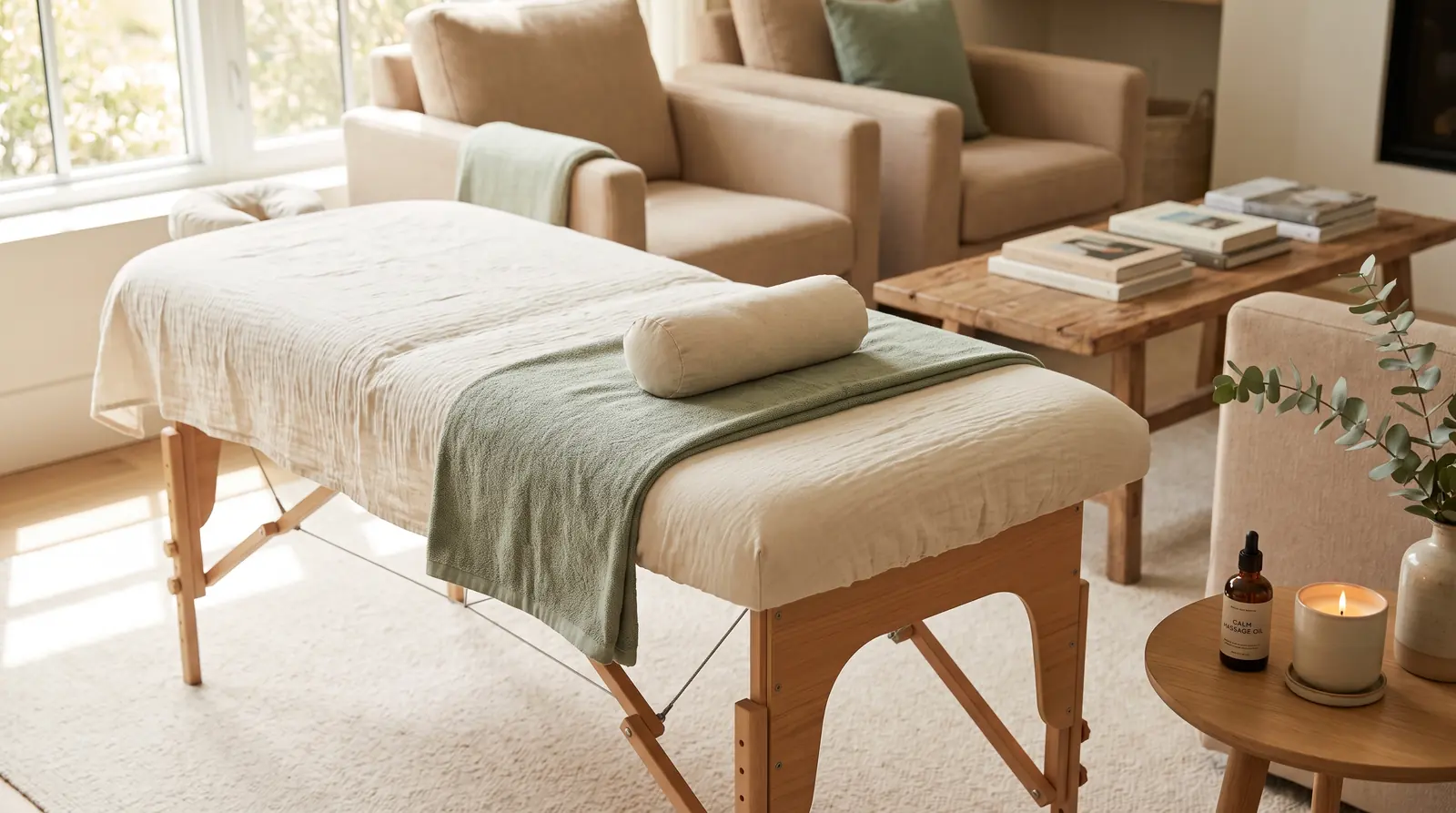 A calm treatment room with linen and soft lighting