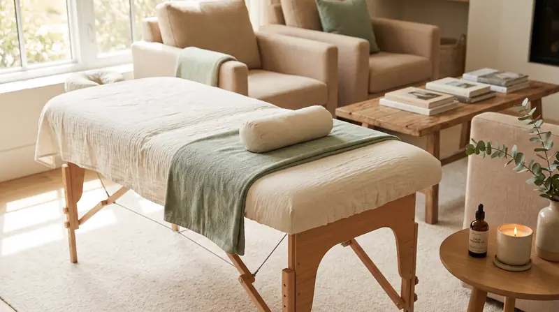 A calm treatment room set up with linen, towels and soft lighting